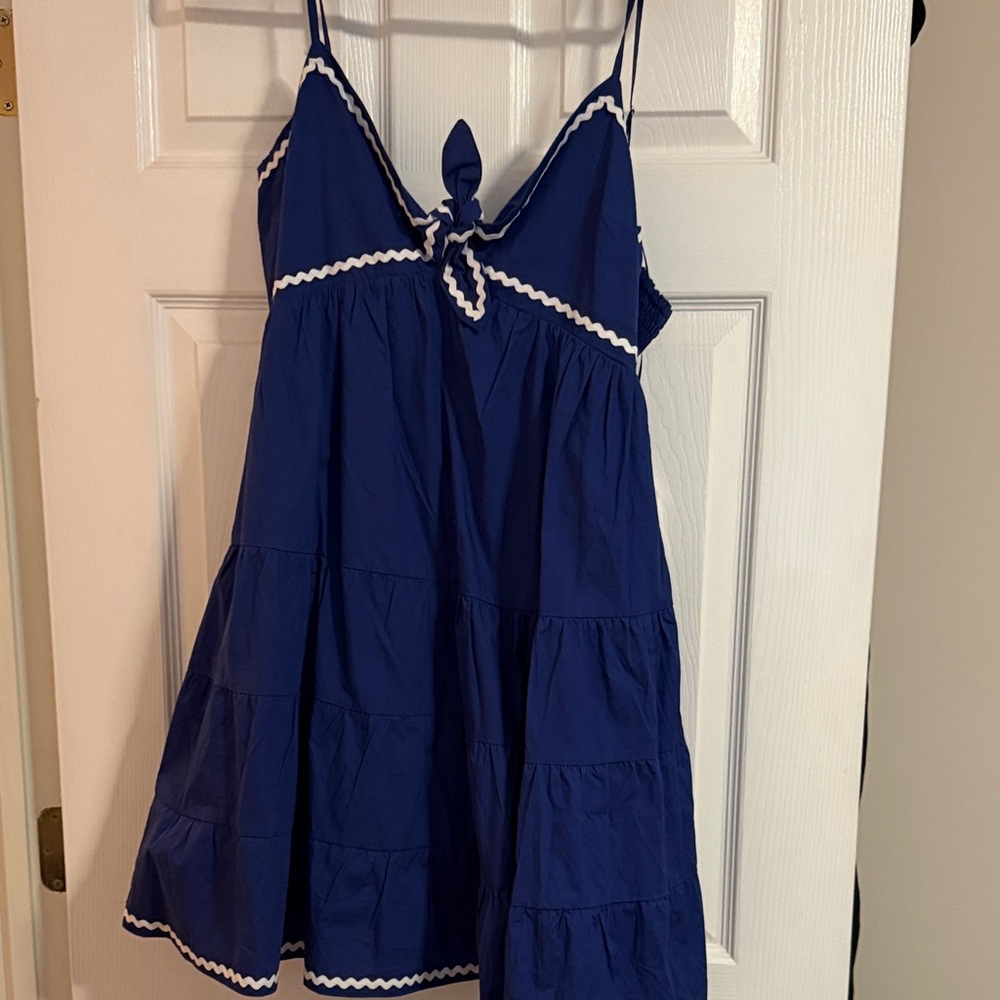 English Factory Blue Mini Dress with White Trim